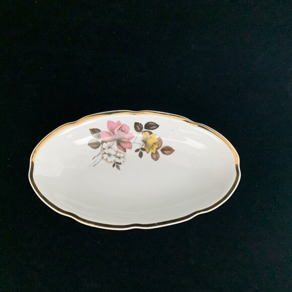 BK Titov Veles Jugo Porcelain Serving Bowl Oval Floral Gold Trim Yugoslavia Chip - Picture 6 of 10